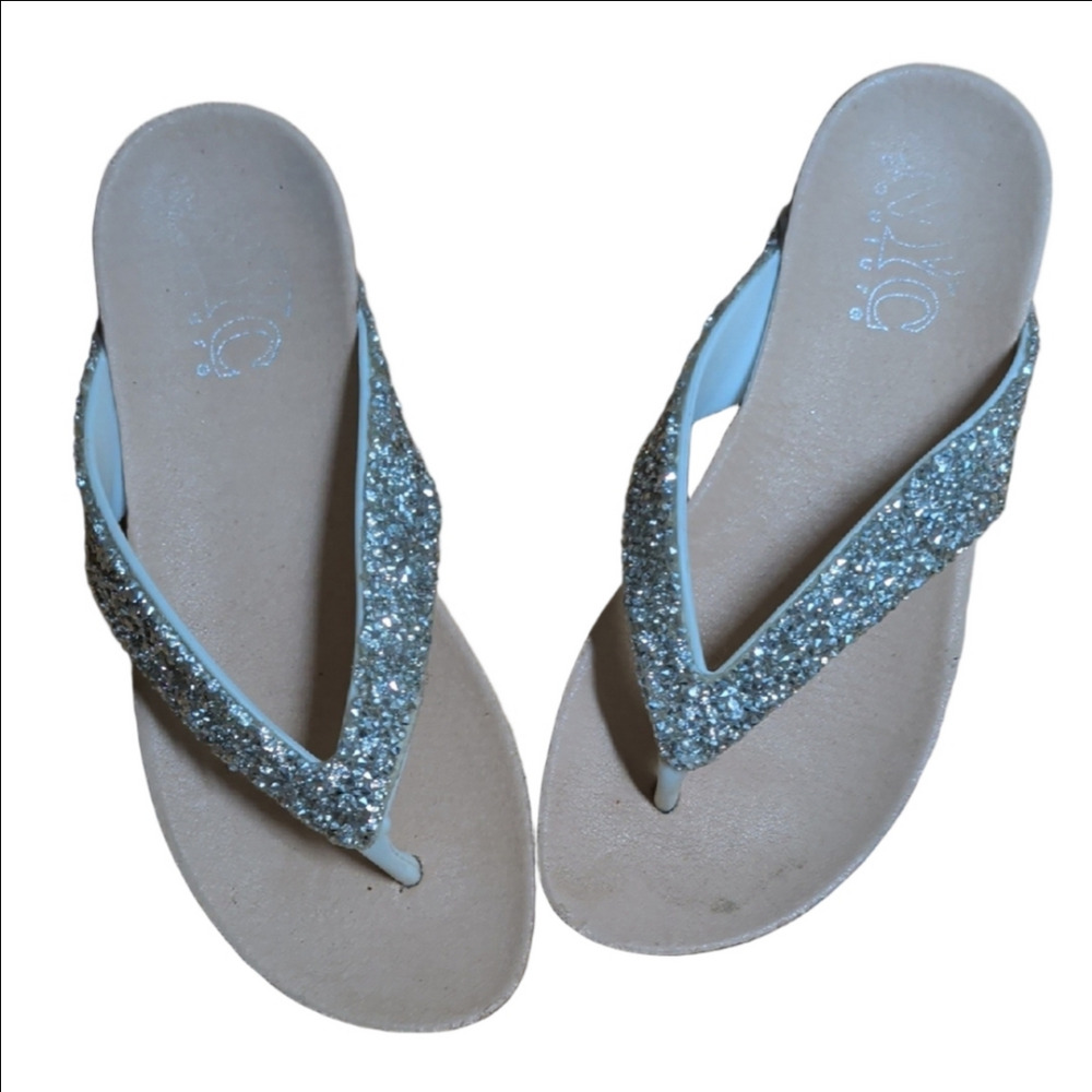 NYC Couture Girls Sparkly Silver Glitter Cork Sole Flip Flop Sandals Size EU36